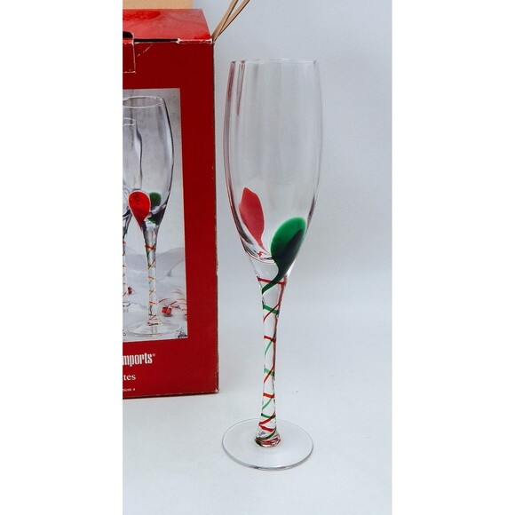 Pier 1 Imports Tear Drop Swirl Champagne Glasses Flutes Red Green - Picture 2 of 5